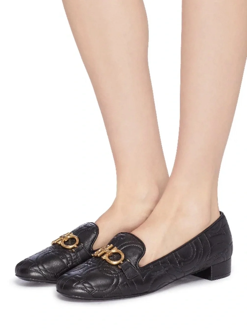 Salvatore Ferragamo Black Quilted Leather Loafers with Gold Gancini
